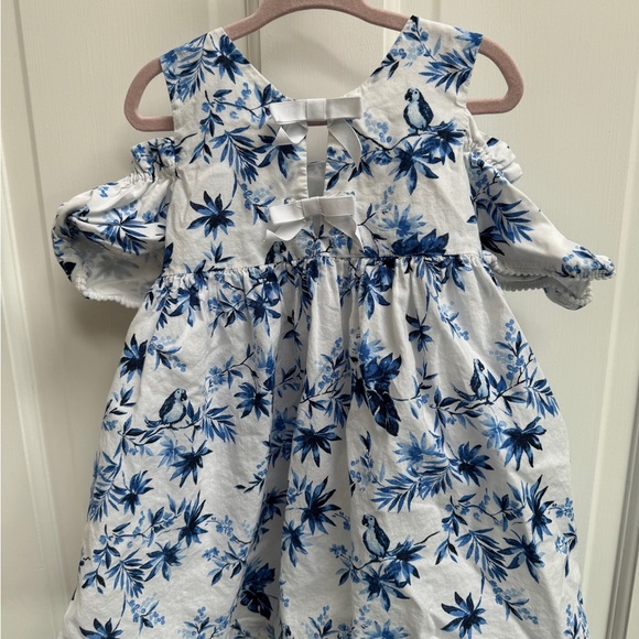 Janie & Jack 3T Girls Blue & White Floral Off Shoulder Bow Back Dress - Picture 5 of 6